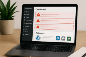 Un ordinateur portable avec un tableau de bord WordPress affiche des messages d'erreur de conflit de plug-in