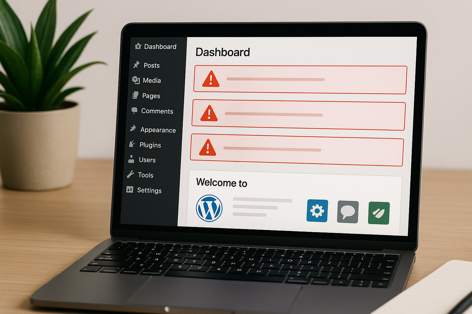Un ordinateur portable avec un tableau de bord WordPress affiche des messages d'erreur de conflit de plug-in