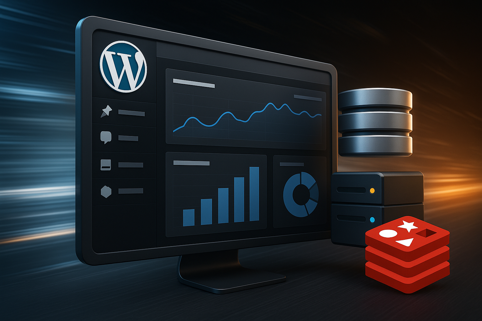 Accélération de WordPress grâce à la mise en cache Redis avec des icônes de serveur et de base de données modernes