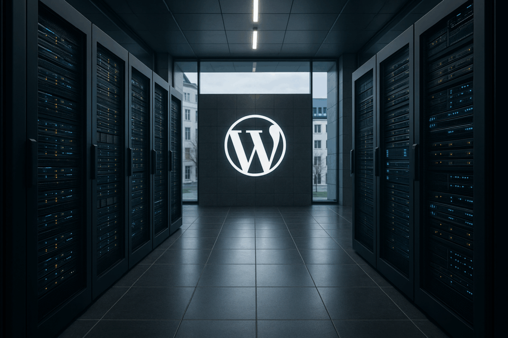 Hébergement WordPress 2025 : une salle de serveurs moderne avec le logo WordPress et des serveurs performants