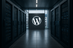 Hébergement WordPress 2025 : une salle de serveurs moderne avec le logo WordPress et des serveurs performants