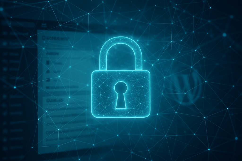 Tableau de bord WordPress avec icône de sécurité - image symbole pour la protection de la connexion et les mesures de sécurité