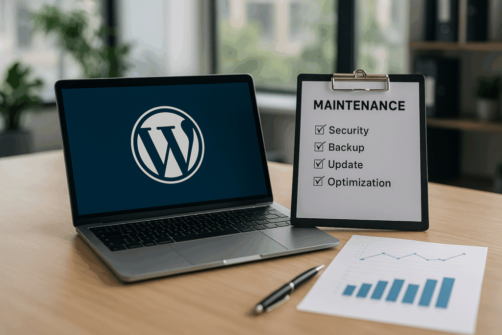 Scène photoréaliste avec un ordinateur portable, le logo WordPress et des outils de maintenance sur un bureau.