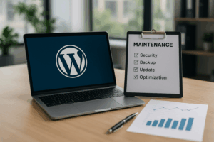 Scène photoréaliste avec un ordinateur portable, le logo WordPress et des outils de maintenance sur un bureau.