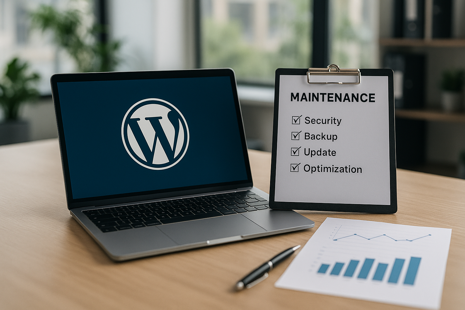 Scène photoréaliste avec un ordinateur portable, le logo WordPress et des outils de maintenance sur un bureau.