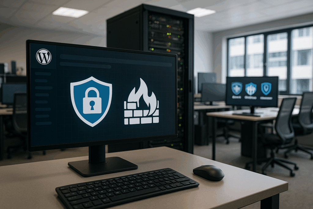 Bureau moderne avec serveur et plugins de sécurité WordPress sur écran
