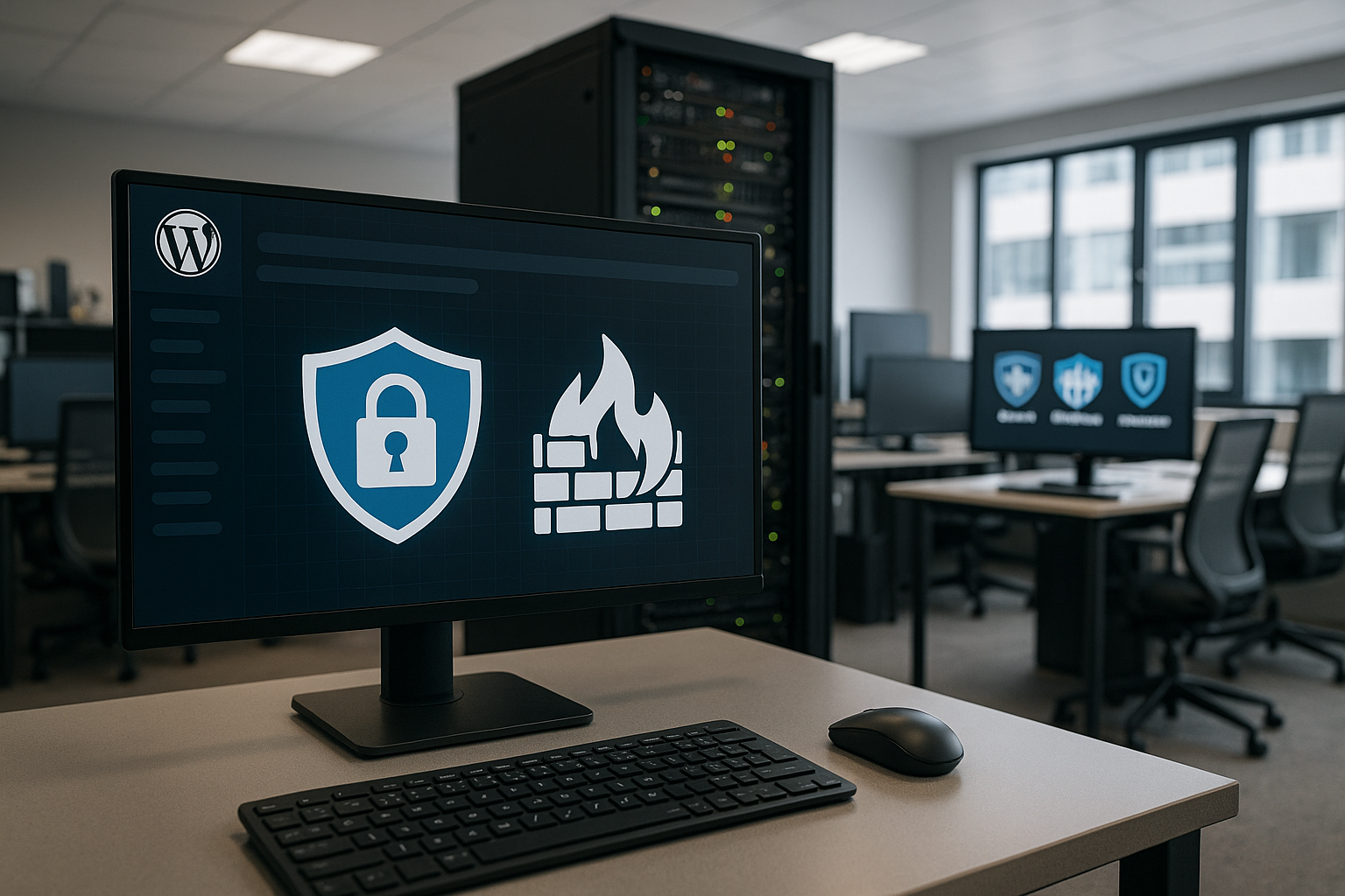 Bureau moderne avec serveur et plugins de sécurité WordPress sur écran