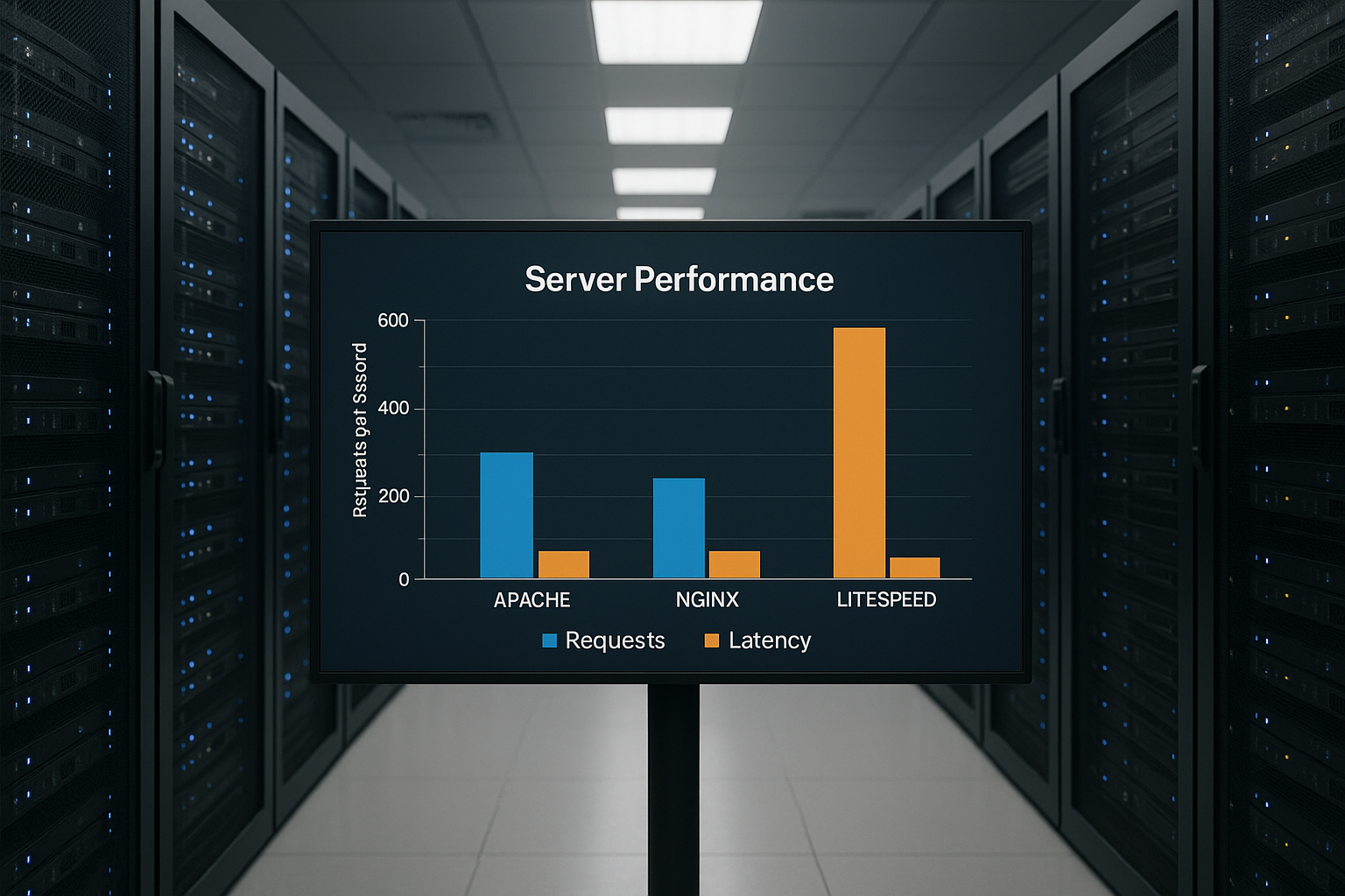 Salle des serveurs avec un grand écran montrant les performances des serveurs web