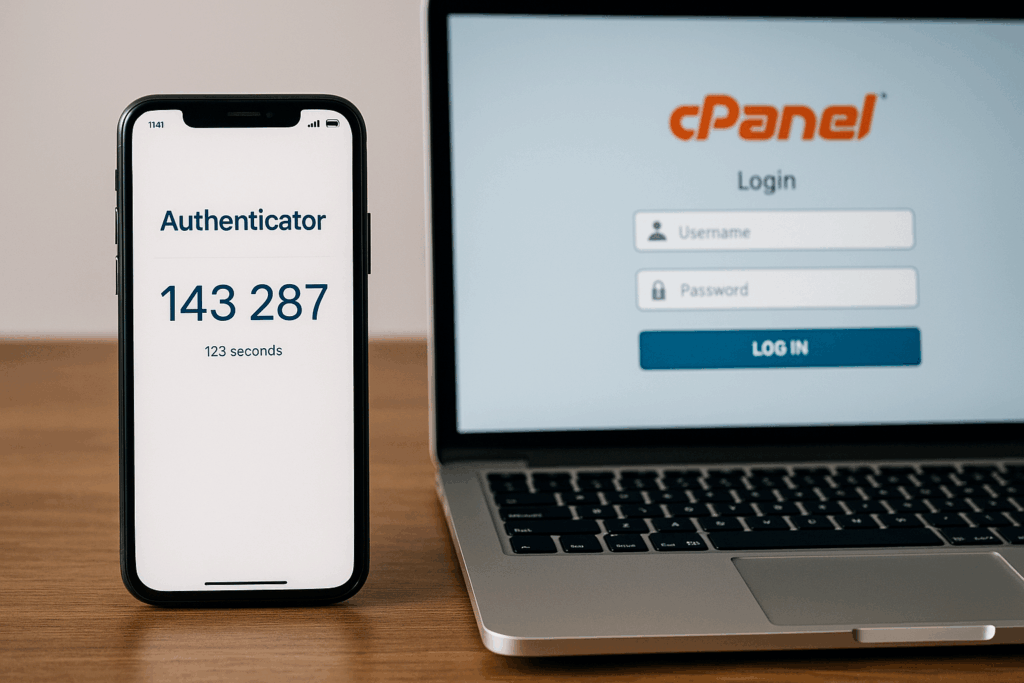 Smartphone avec application d'authentification et ordinateur portable avec connexion cPanel
