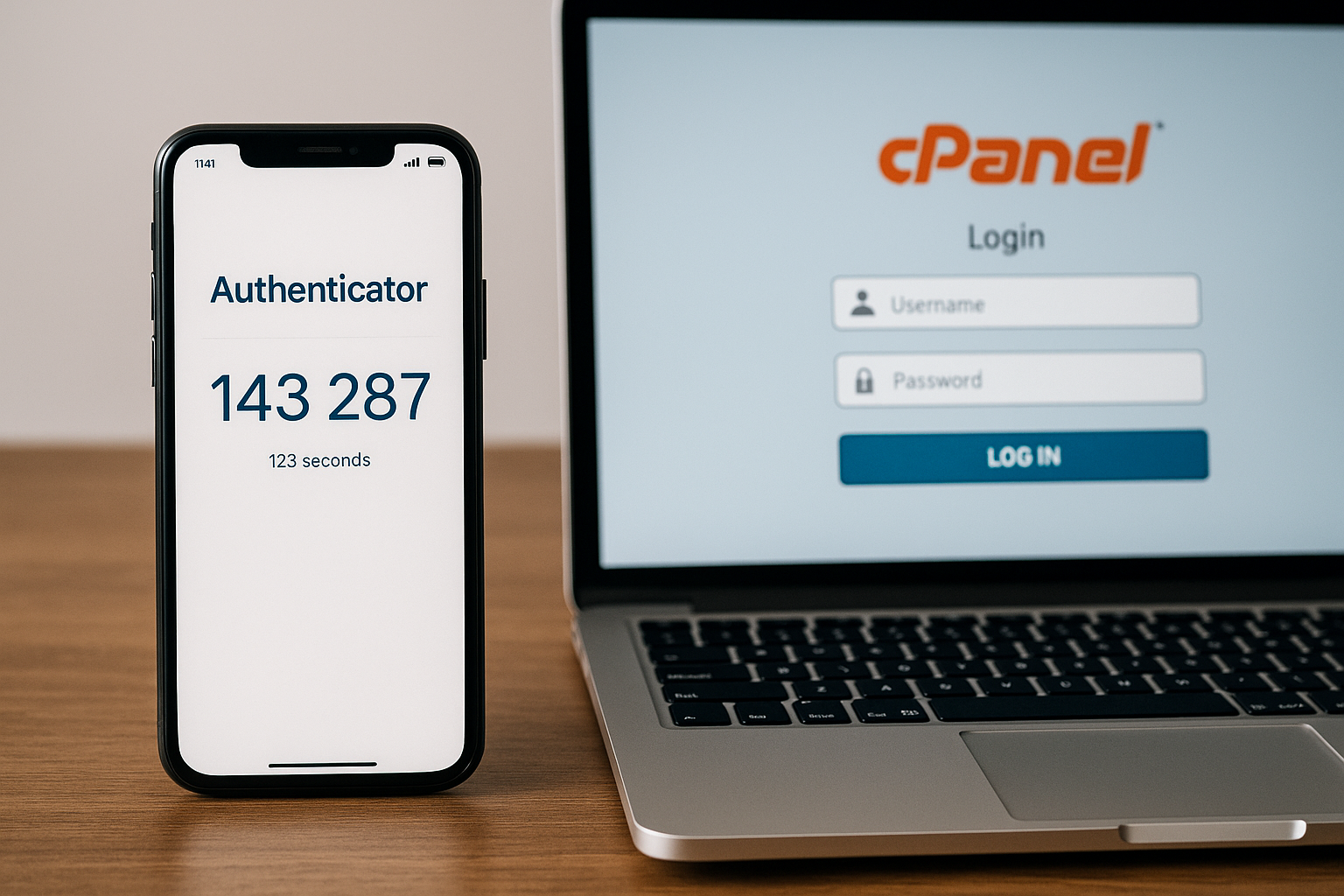 Smartphone avec application d'authentification et ordinateur portable avec connexion cPanel
