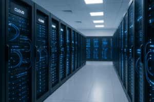 Infrastructure moderne de serveurs cloud dans un centre de données professionnel avec des racks de serveurs lumineux