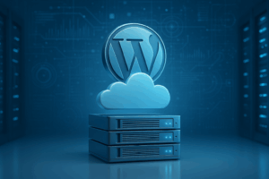 Serveur cloud avec icône WordPress et infrastructure moderne