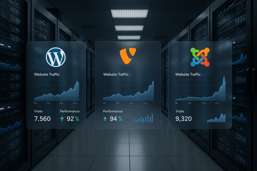 Salle de serveurs et tableau de bord numérique avec logos CMS WordPress, TYPO3, Joomla et évaluations du trafic