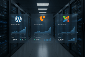 Salle de serveurs et tableau de bord numérique avec logos CMS WordPress, TYPO3, Joomla et évaluations du trafic