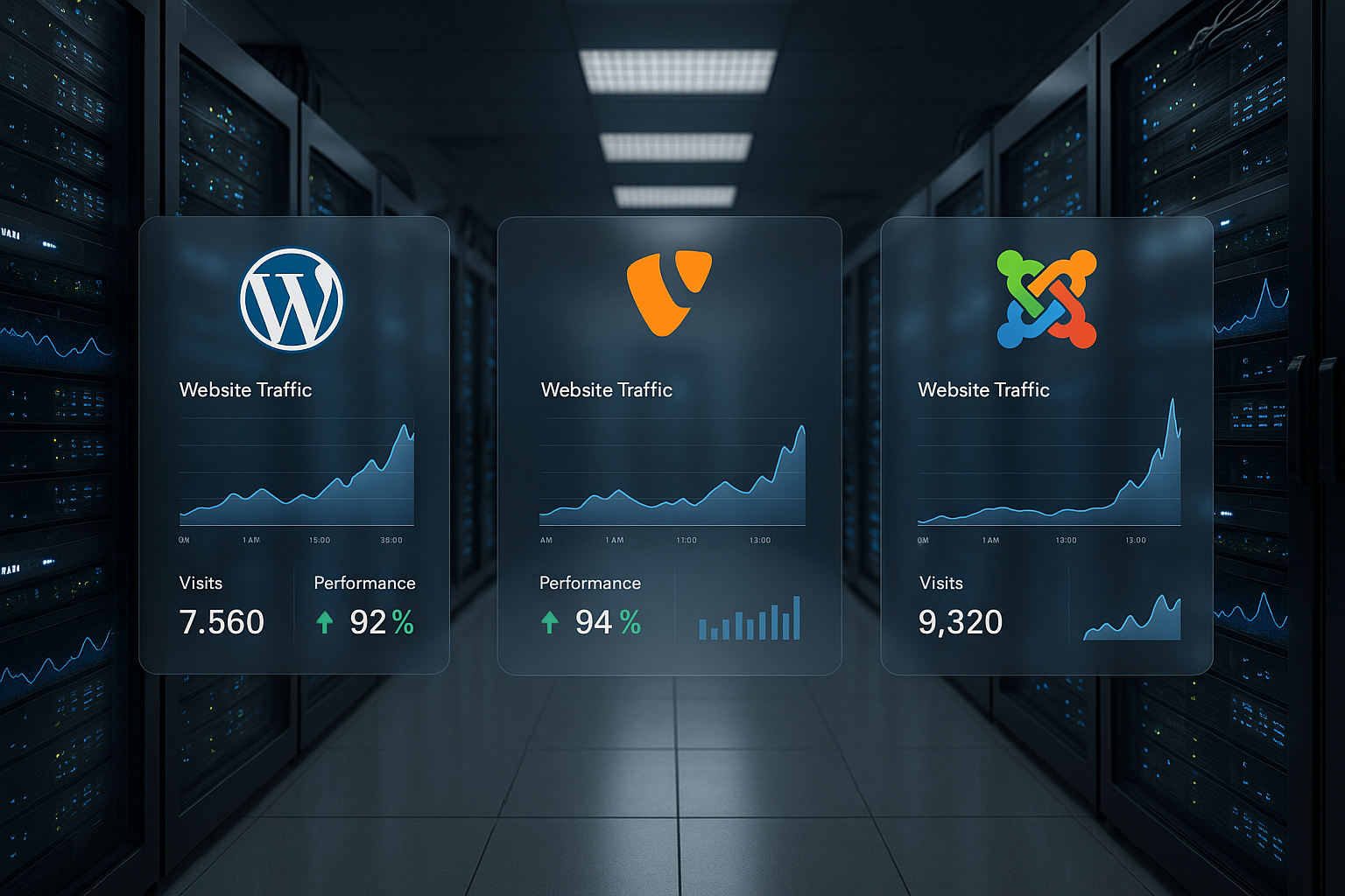 Salle de serveurs et tableau de bord numérique avec logos CMS WordPress, TYPO3, Joomla et évaluations du trafic
