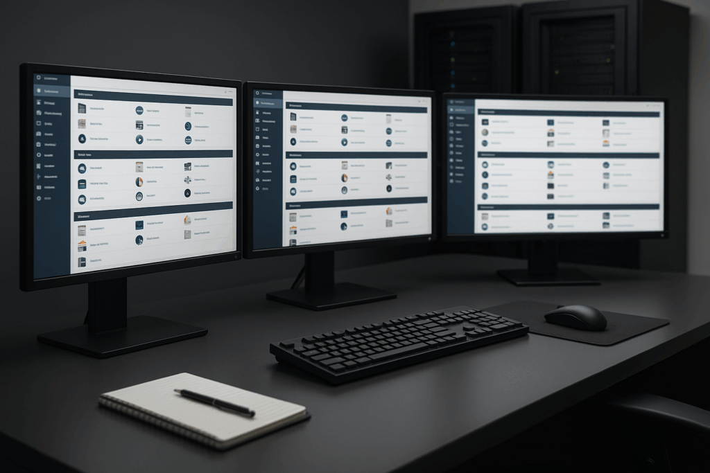 L'administrateur de serveur travaille sur plusieurs écrans avec le panneau d'hébergement web de cPanel