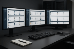 L'administrateur de serveur travaille sur plusieurs écrans avec le panneau d'hébergement web de cPanel