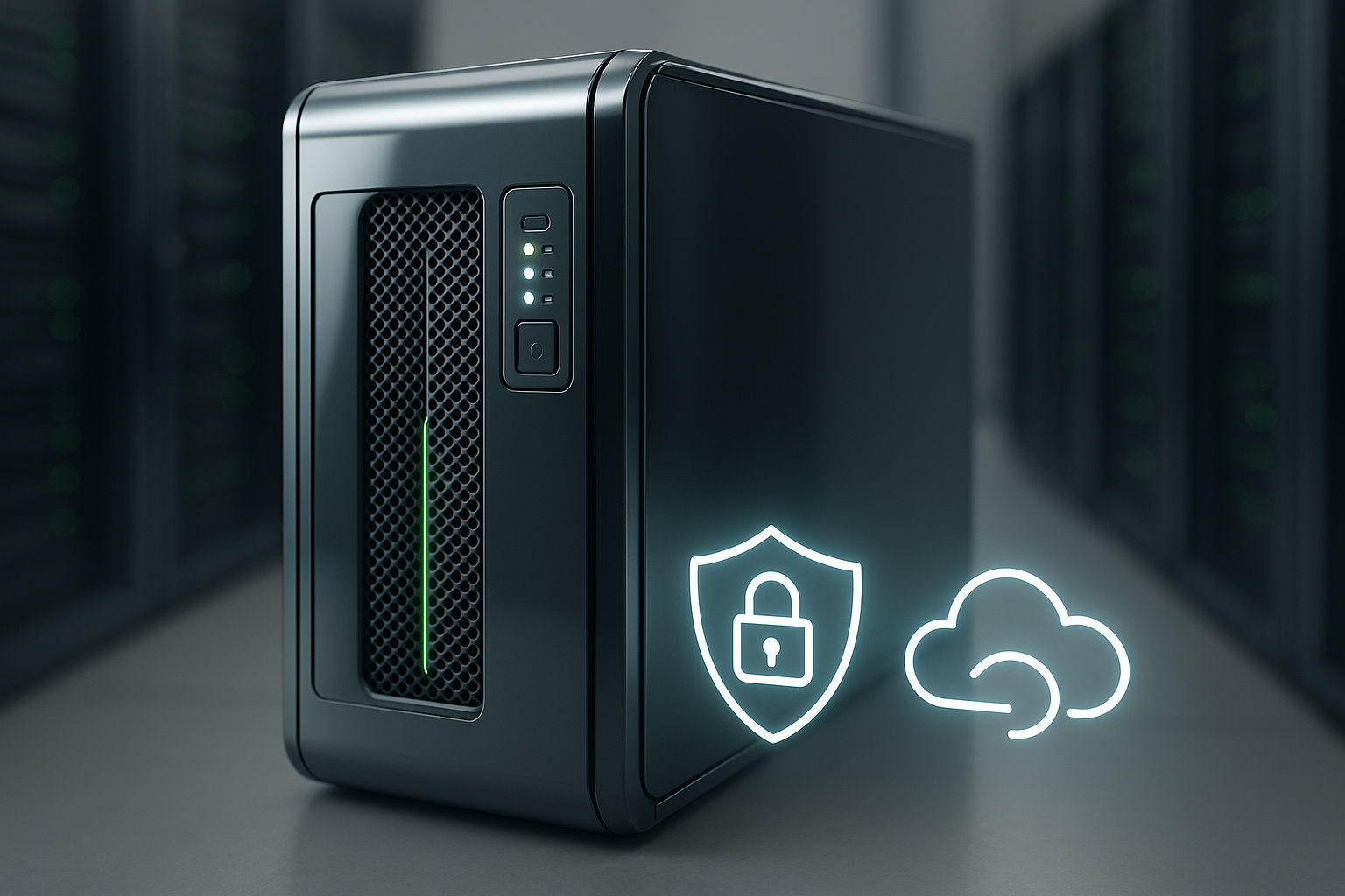 Serveur OpenLiteSpeed moderne dans un centre de données avec panneau de contrôle et icônes Cloud