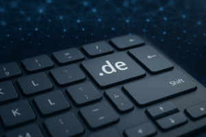 Clavier photoréaliste avec touche &apos ;.de&apos ; lumineuse pour un domaine avantageux.