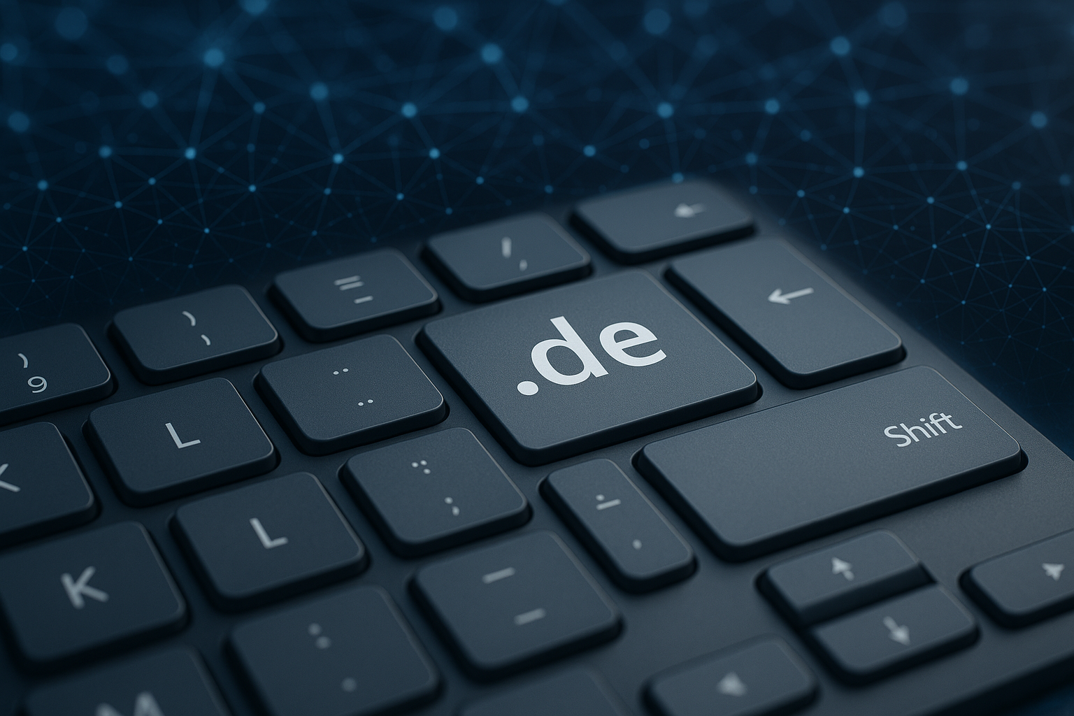 Clavier photoréaliste avec touche '.de' lumineuse pour un domaine avantageux.