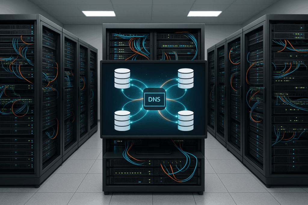 Datacenter moderne avec serveurs de noms et gestion DNS externe