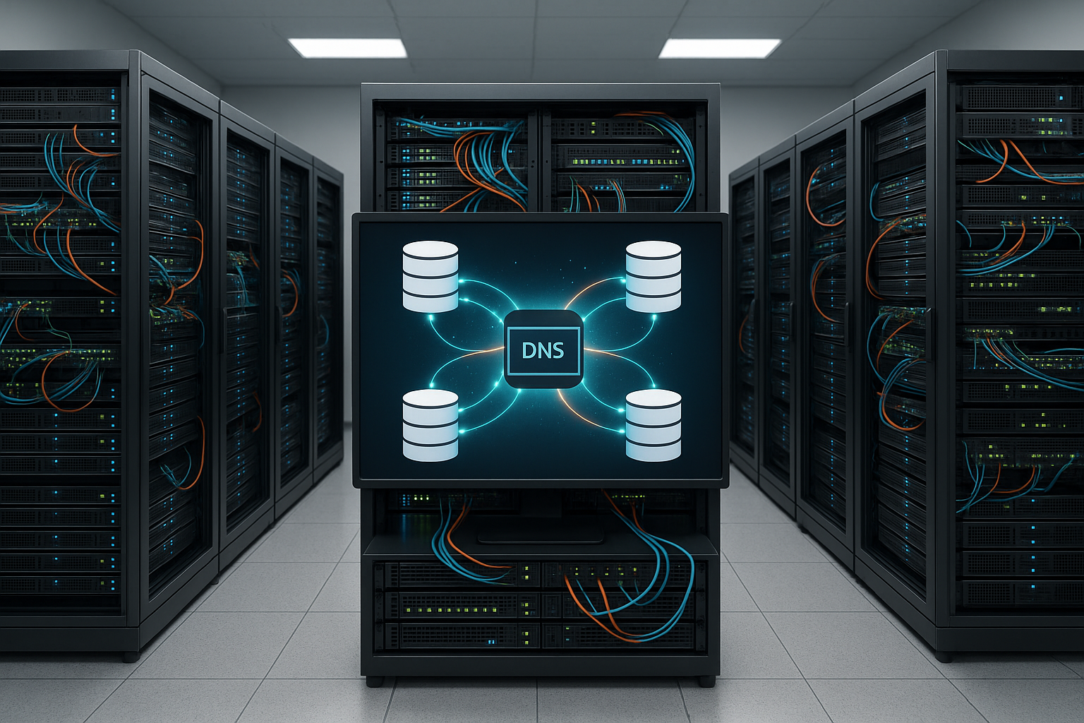 Datacenter moderne avec serveurs de noms et gestion DNS externe