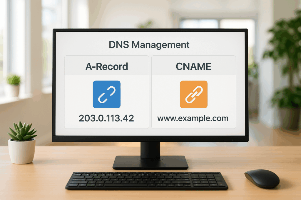 Gestion DNS avec A-Record et CNAME en comparaison directe sur un écran moderne