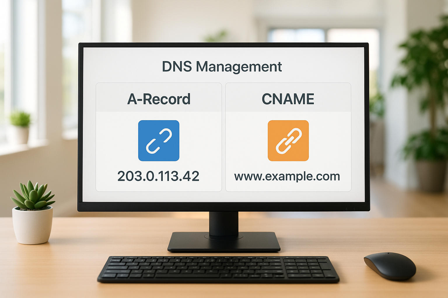 Gestion DNS avec A-Record et CNAME en comparaison directe sur un écran moderne