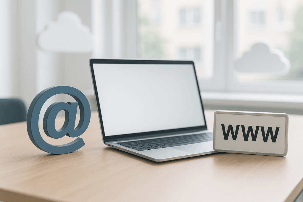 Scène de bureau avec ordinateur portable, symbole d'e-mail et plaque d'enregistrement de domaine