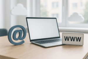 Scène de bureau avec ordinateur portable, symbole d'e-mail et plaque d'enregistrement de domaine