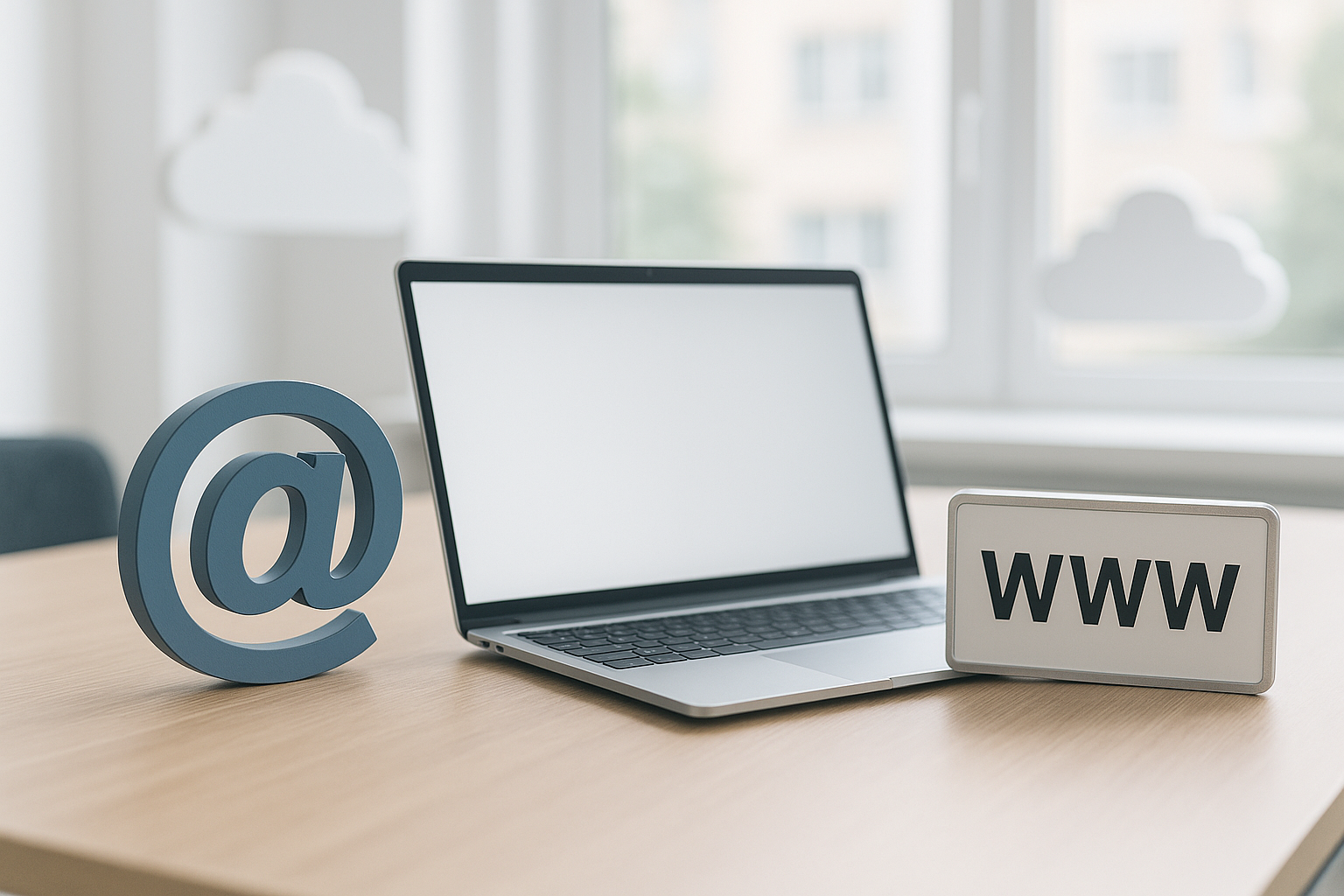 Scène de bureau avec ordinateur portable, symbole d'e-mail et plaque d'enregistrement de domaine