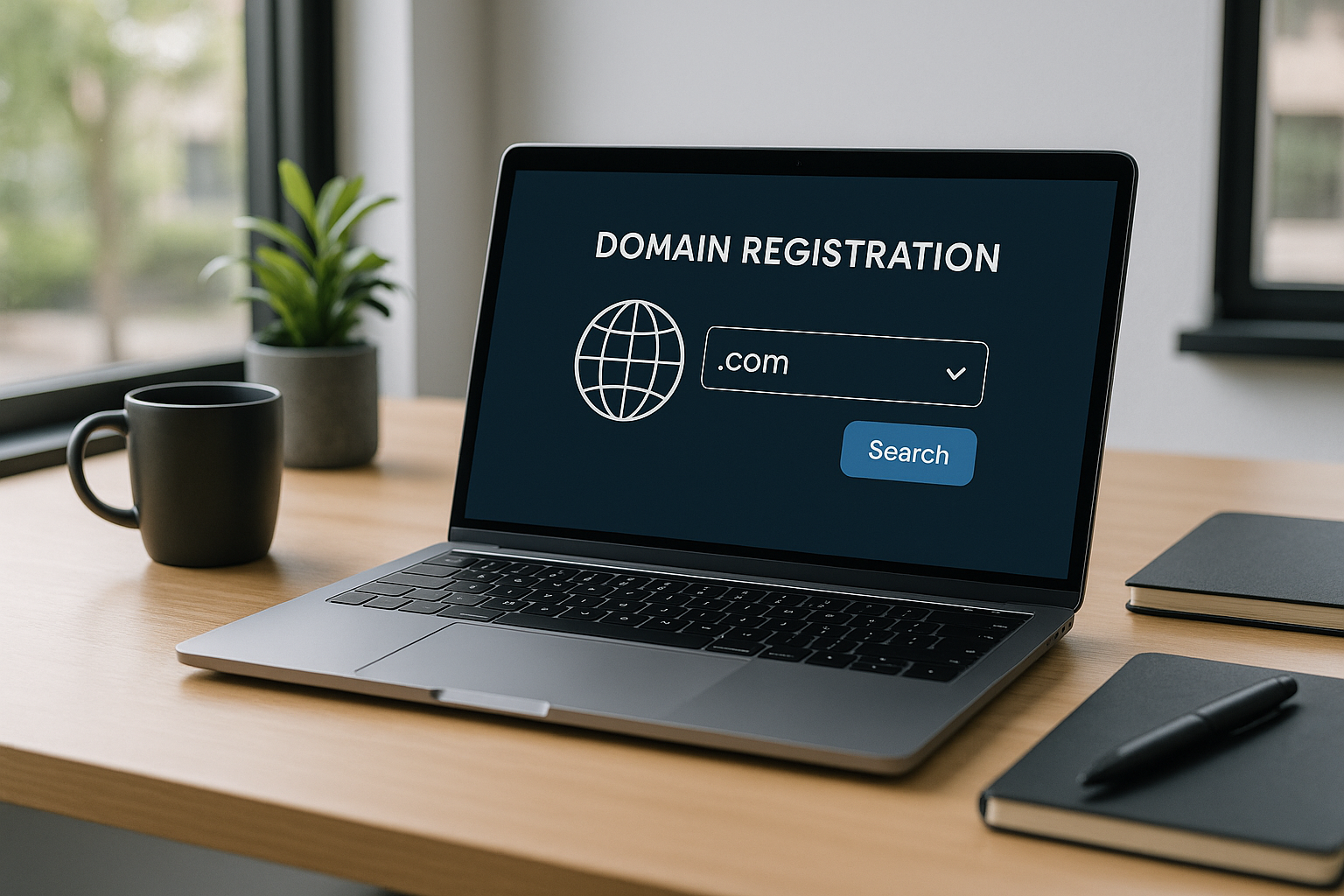 Enregistrement de domaine gratuit sur ordinateur portable dans un environnement de travail moderne