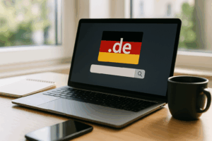 Ordinateur portable avec page d'enregistrement de domaine ouverte et extensions allemandes