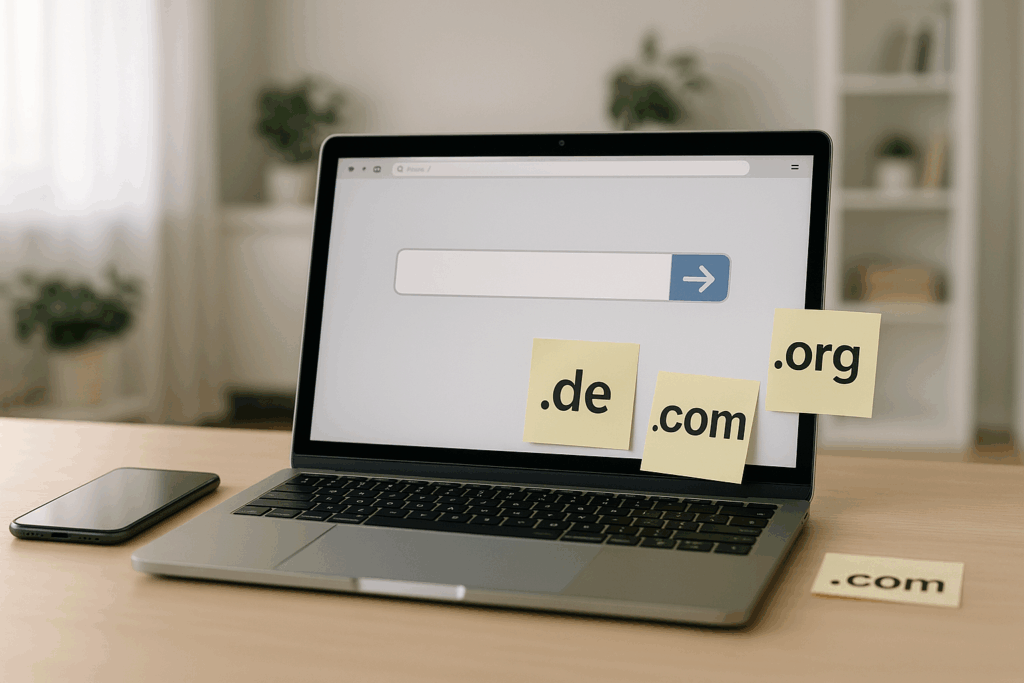 Poste de travail moderne avec ordinateur portable et domaines, icônes de redirection visuelles