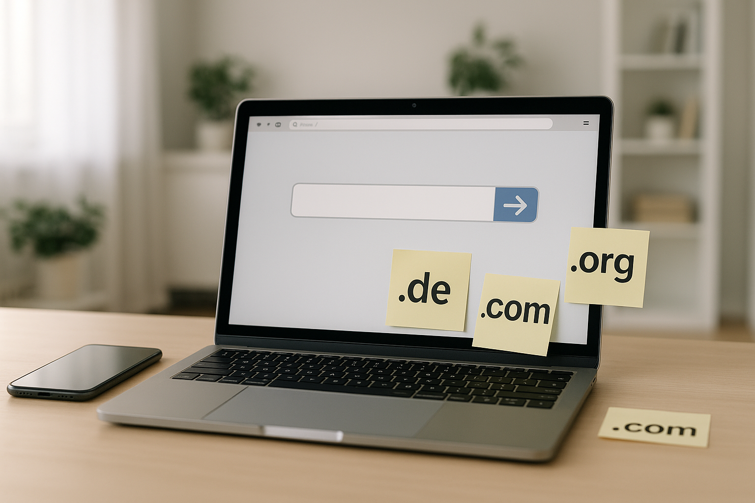 Poste de travail moderne avec ordinateur portable et domaines, icônes de redirection visuelles