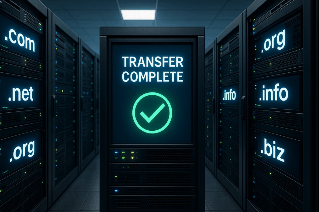 Salle des serveurs avec écrans numériques et icône de transfert de domaine