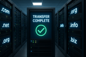Salle des serveurs avec écrans numériques et icône de transfert de domaine