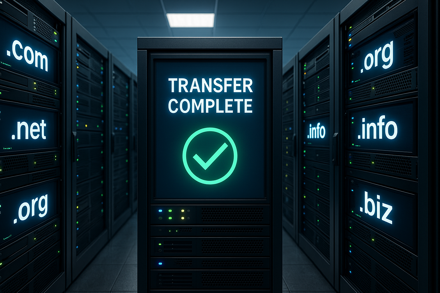 Salle des serveurs avec écrans numériques et icône de transfert de domaine