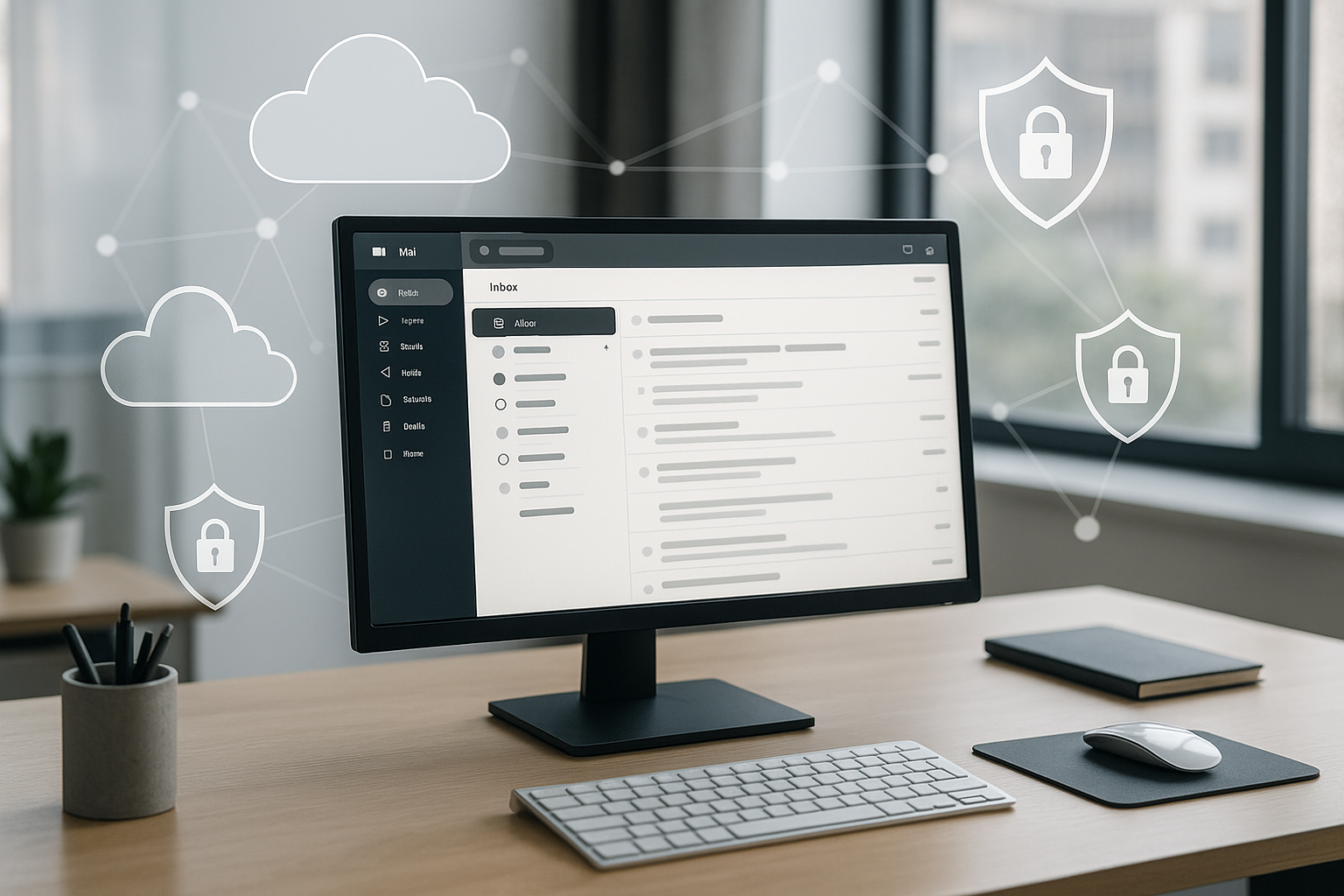 Poste de travail moderne avec tableau de bord des e-mails et graphiques de sécurité