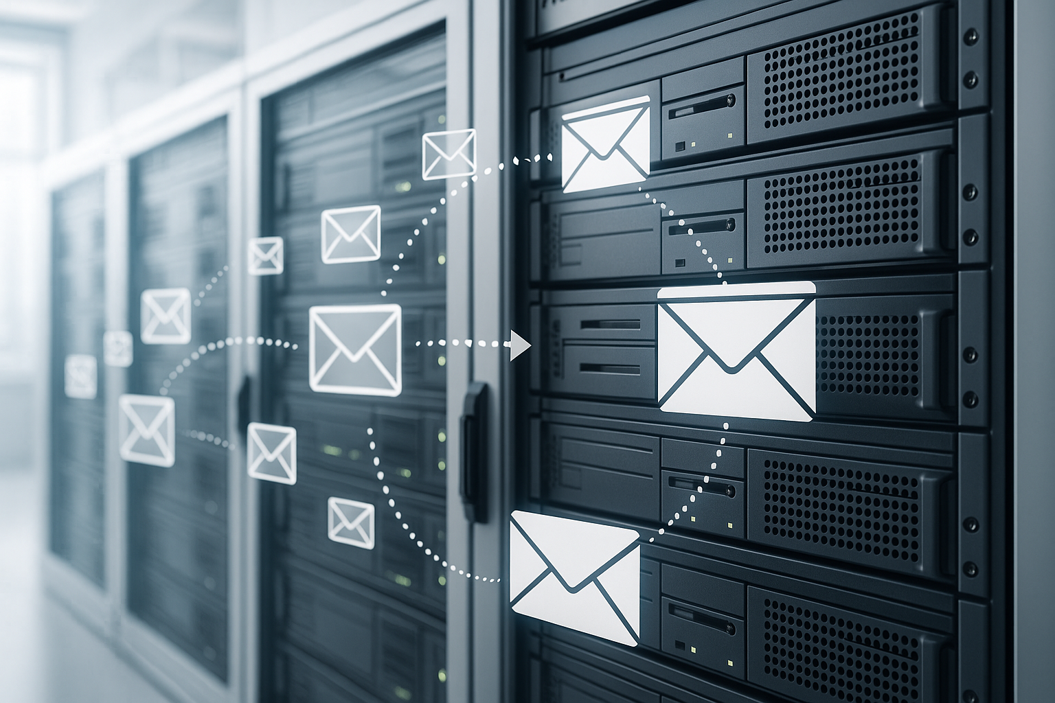 Représentation photoréaliste d'un serveur de messagerie moderne dans le cadre d'un processus de migration d'e-mails