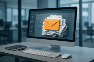 Boîte aux lettres électronique Strato surchargée sur un écran d'ordinateur moderne, environnement de travail