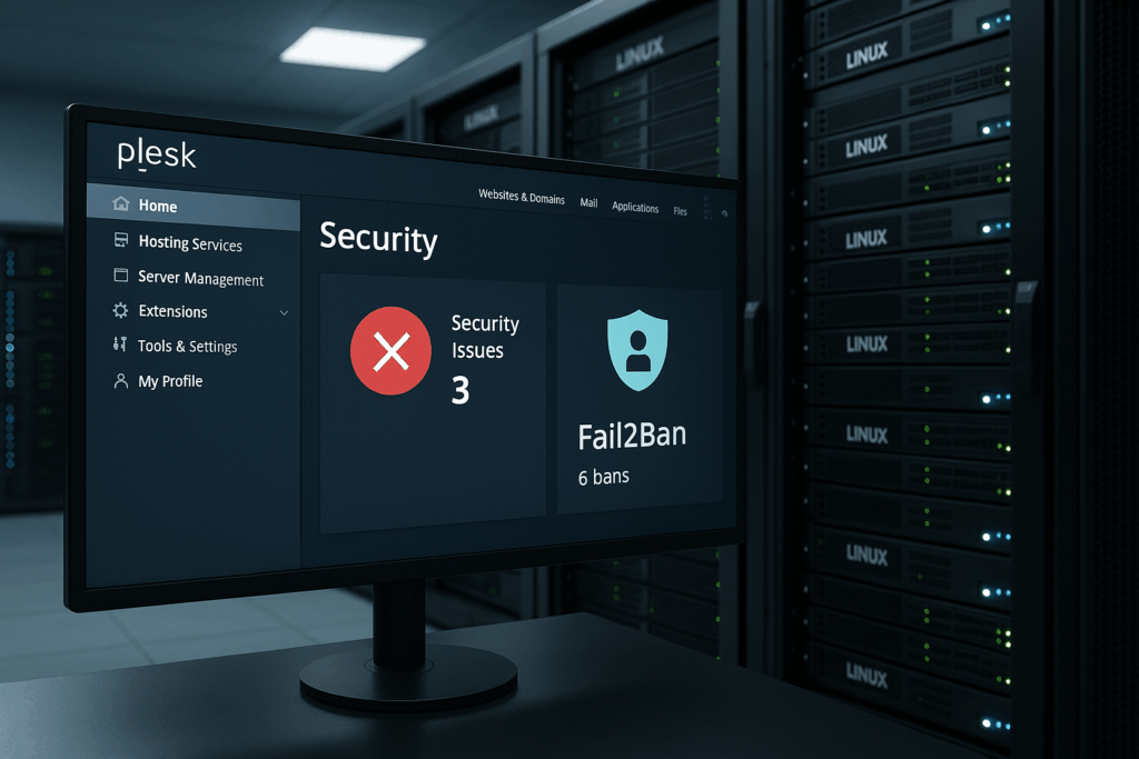 Tableau de bord de sécurité Plesk Fail2Ban sur moniteur de serveur, salle de serveurs moderne