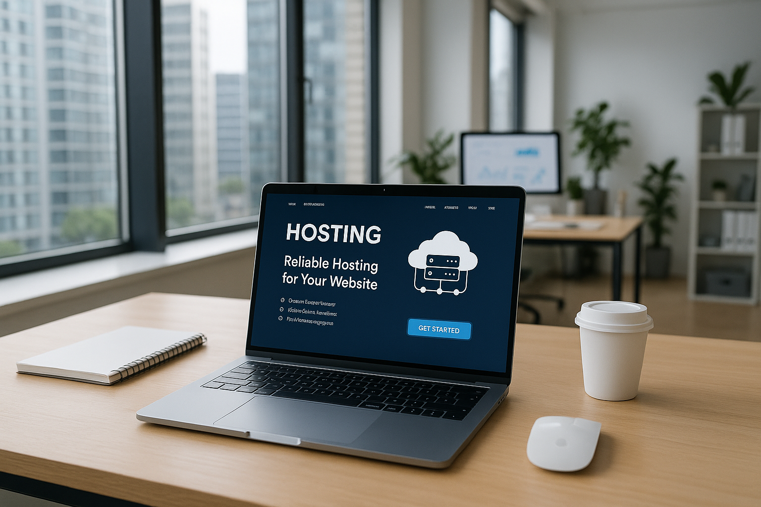 Bureau moderne pour freelance avec ordinateur portable, site web d'hébergement ouvert et poste de travail numérique lumineux.