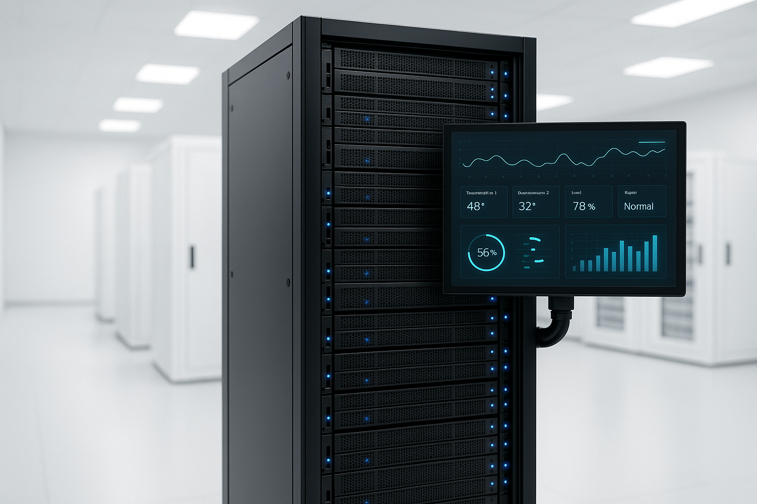 Un centre de données moderne avec des racks de serveurs lumineux et une interface de panneau d'hébergement web ouverte sur un écran.