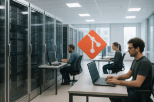 Salle de serveurs avec racks de serveurs modernes, développeurs avec ordinateurs portables, icône Git numérique