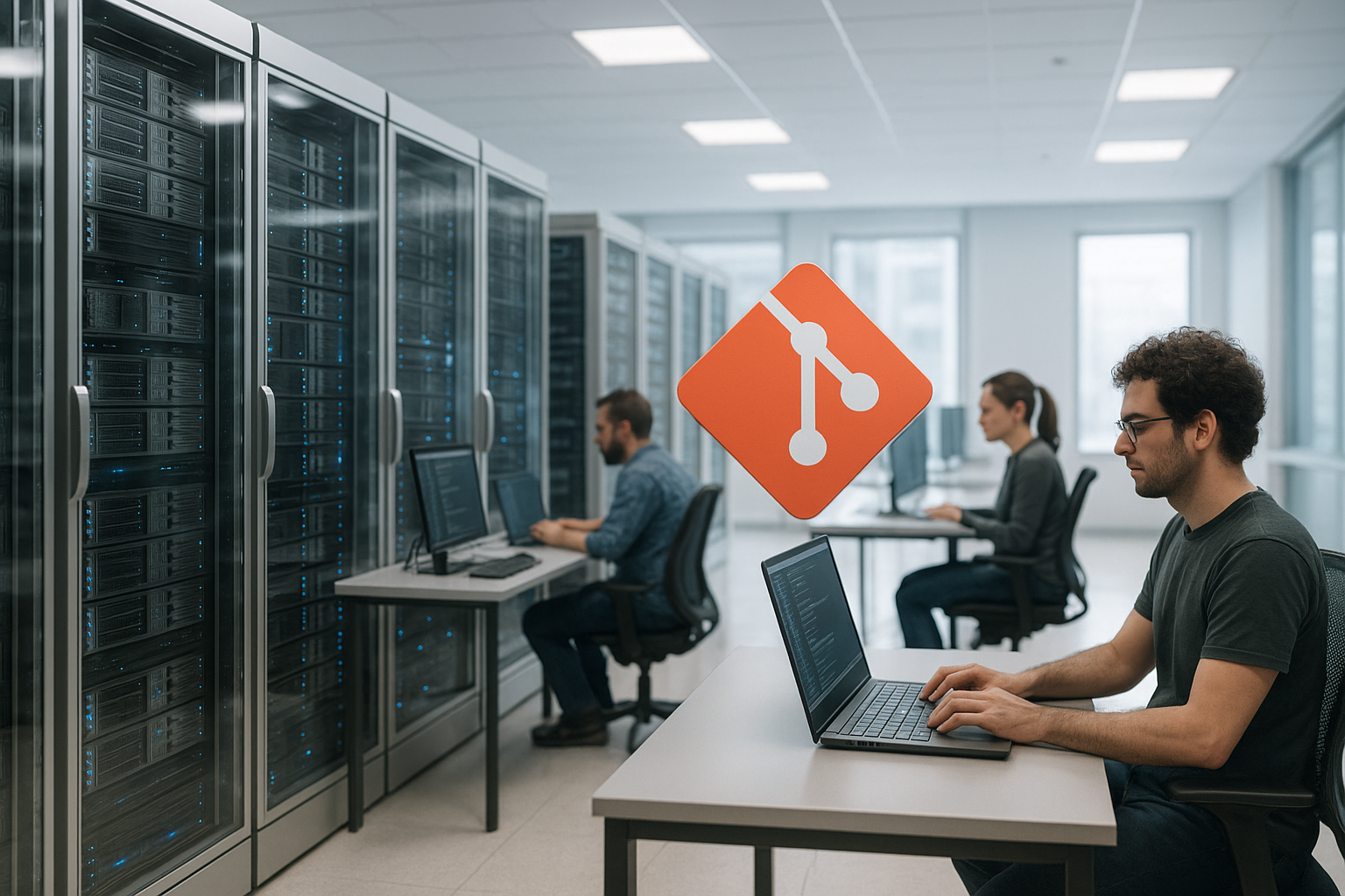 Salle de serveurs avec racks de serveurs modernes, développeurs avec ordinateurs portables, icône Git numérique
