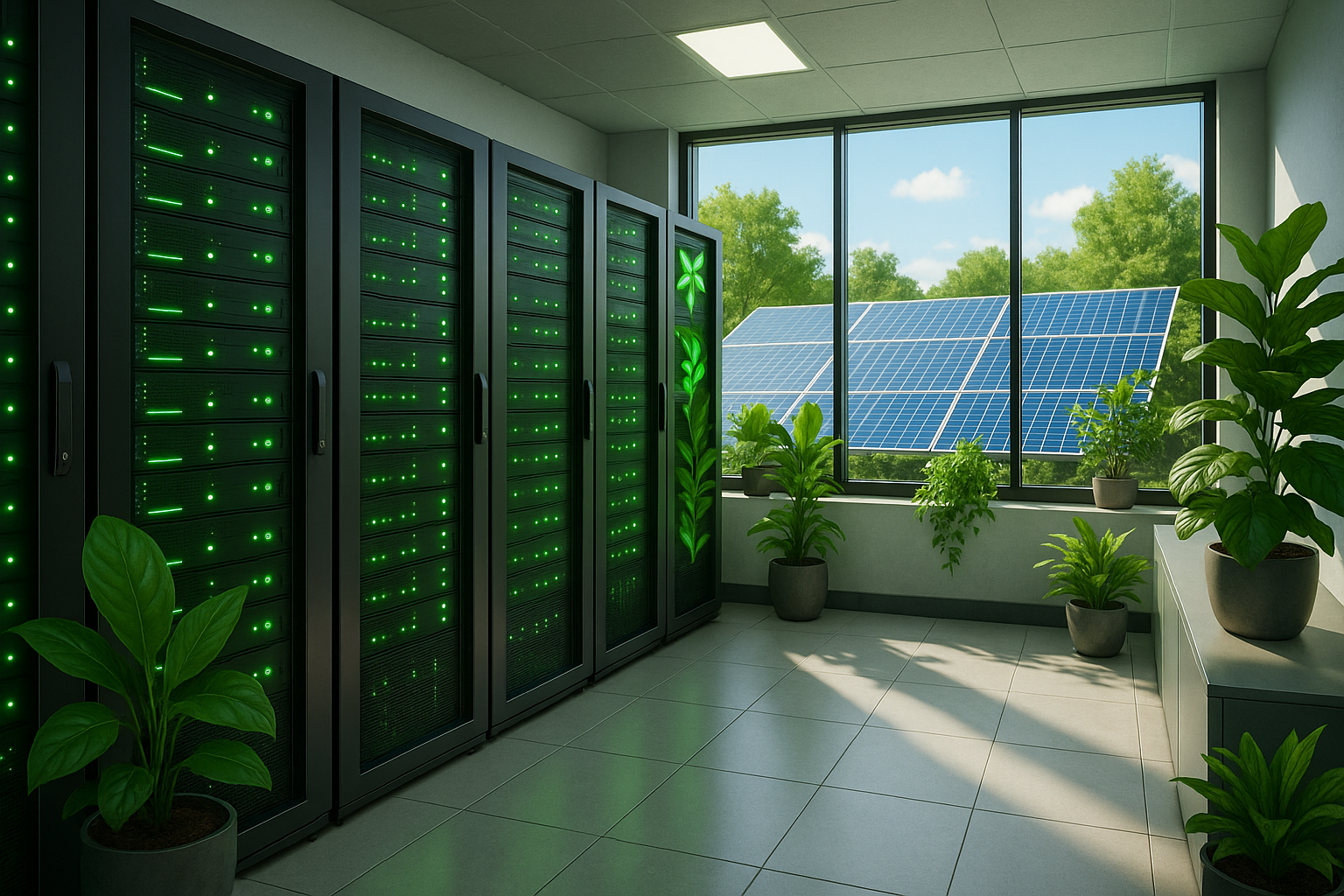 Salle de serveurs avec plantes vertes, technique durable et panneaux solaires pour un hébergement web vert