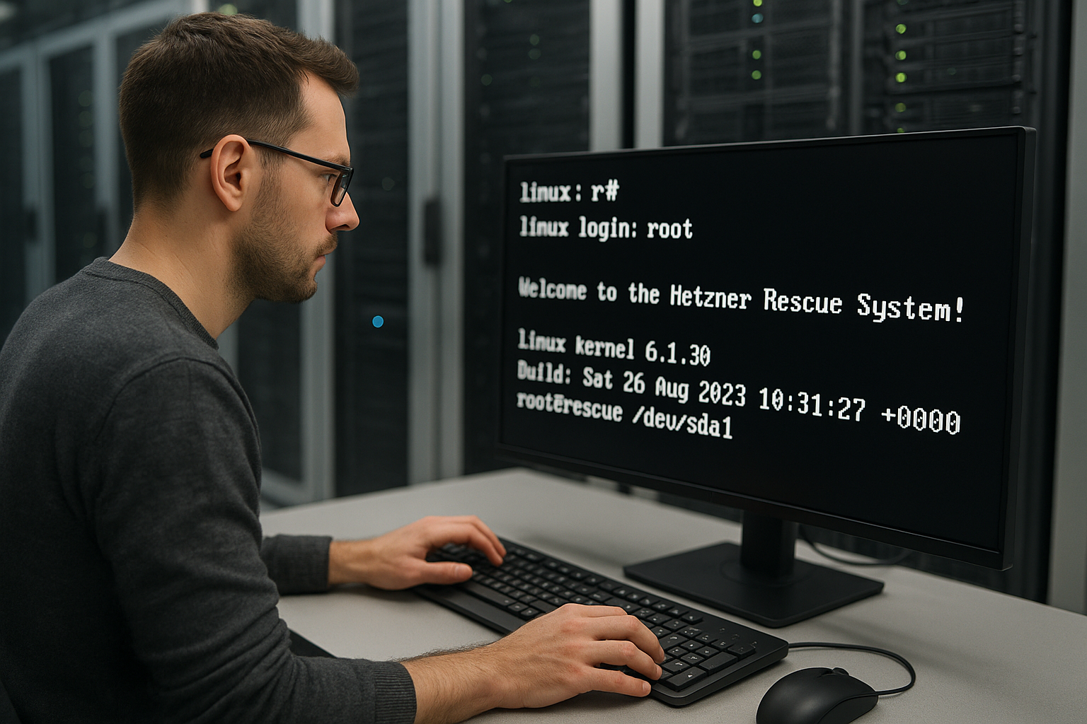 Administrateur informatique travaillant avec le système Hetzner Rescue dans le centre de calcul