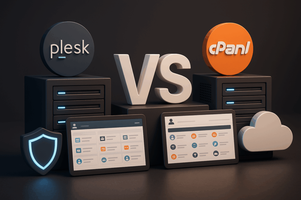 Comparaison entre Plesk et cPanel avec les icônes d'hébergement et les serveurs