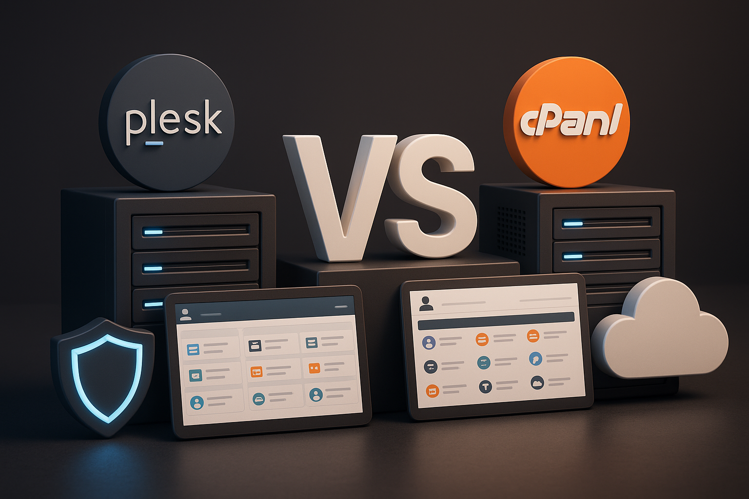 Comparaison entre Plesk et cPanel avec les icônes d'hébergement et les serveurs